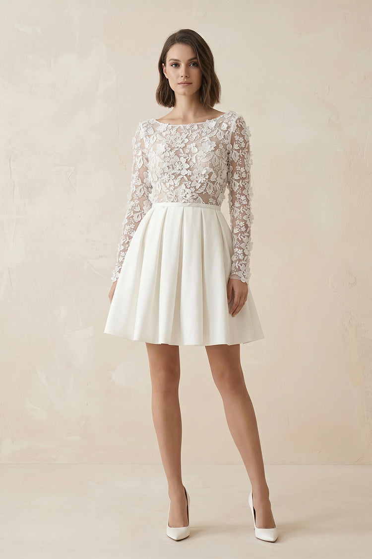 simple knee length wedding dress KissProm A Line Short Knee-length Satin Lace Bateau Long Sleeve Dress, Diamond White / 14 sleeve:32/33 SPD23 Make sure you order The Shawanda Set -