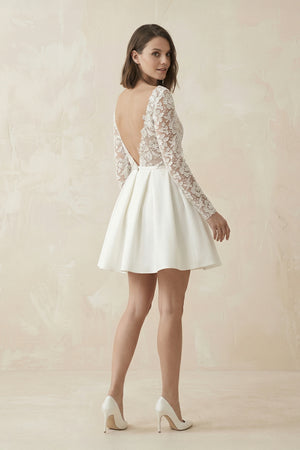 Simple A Line Short Knee - length Satin Lace Bateau Long Sleeve Wedding Dress – Wedding Dresses by KissProm | Available at KissProm