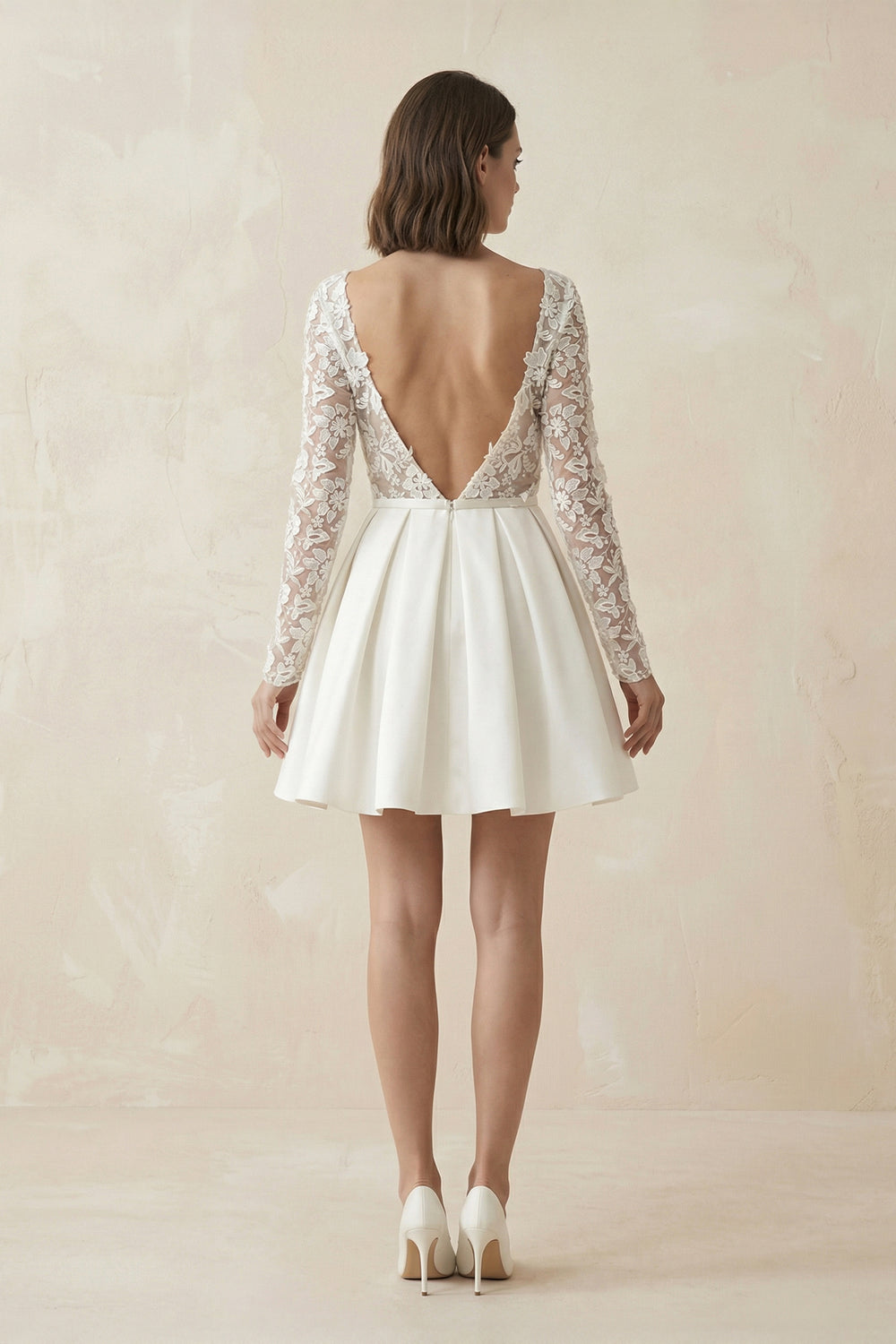Simple A Line Short Knee - length Satin Lace Bateau Long Sleeve Wedding Dress – Wedding Dresses by KissProm | Available at KissProm