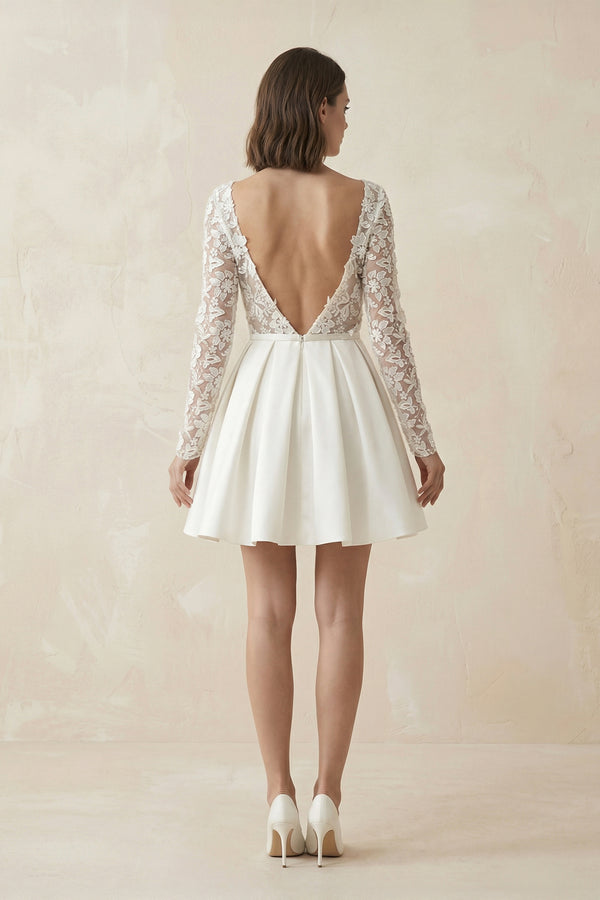 Simple A Line Short Knee - length Satin Lace Bateau Long Sleeve Wedding Dress – Wedding Dresses by KissProm | Available at KissProm