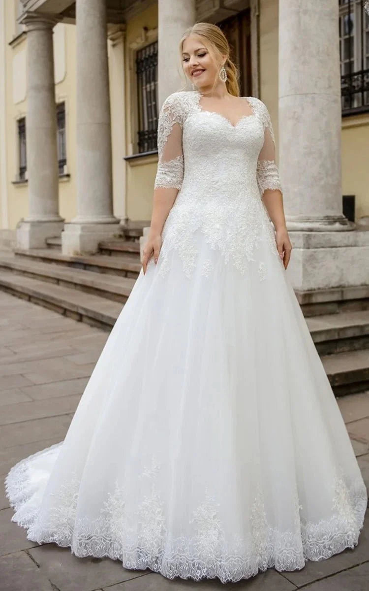 Simple Ball Gown Floor-length Half Sleeve Lace Queen Anne Wedding Dres