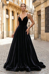 Simple Black Velvet Long Prom Dress, Black Evening Dress - KISSPROM PROM DRESSES