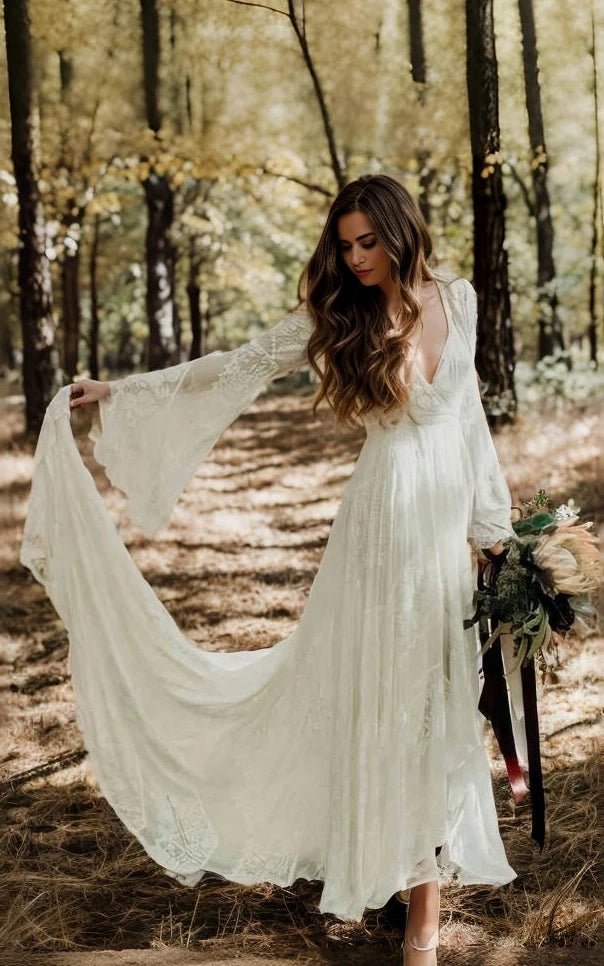 Tiffania Simple Casual Long Sleeves Boho Lace Wedding Dress With Swe KissProm