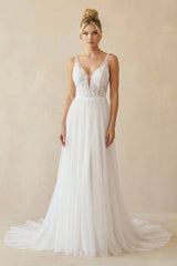 Simple Classic Tulle Applique Wedding Gown Garden A-Line Backless Spaghetti Wedding Dress-Wedding Dresses by KissProm | Available at KissProm