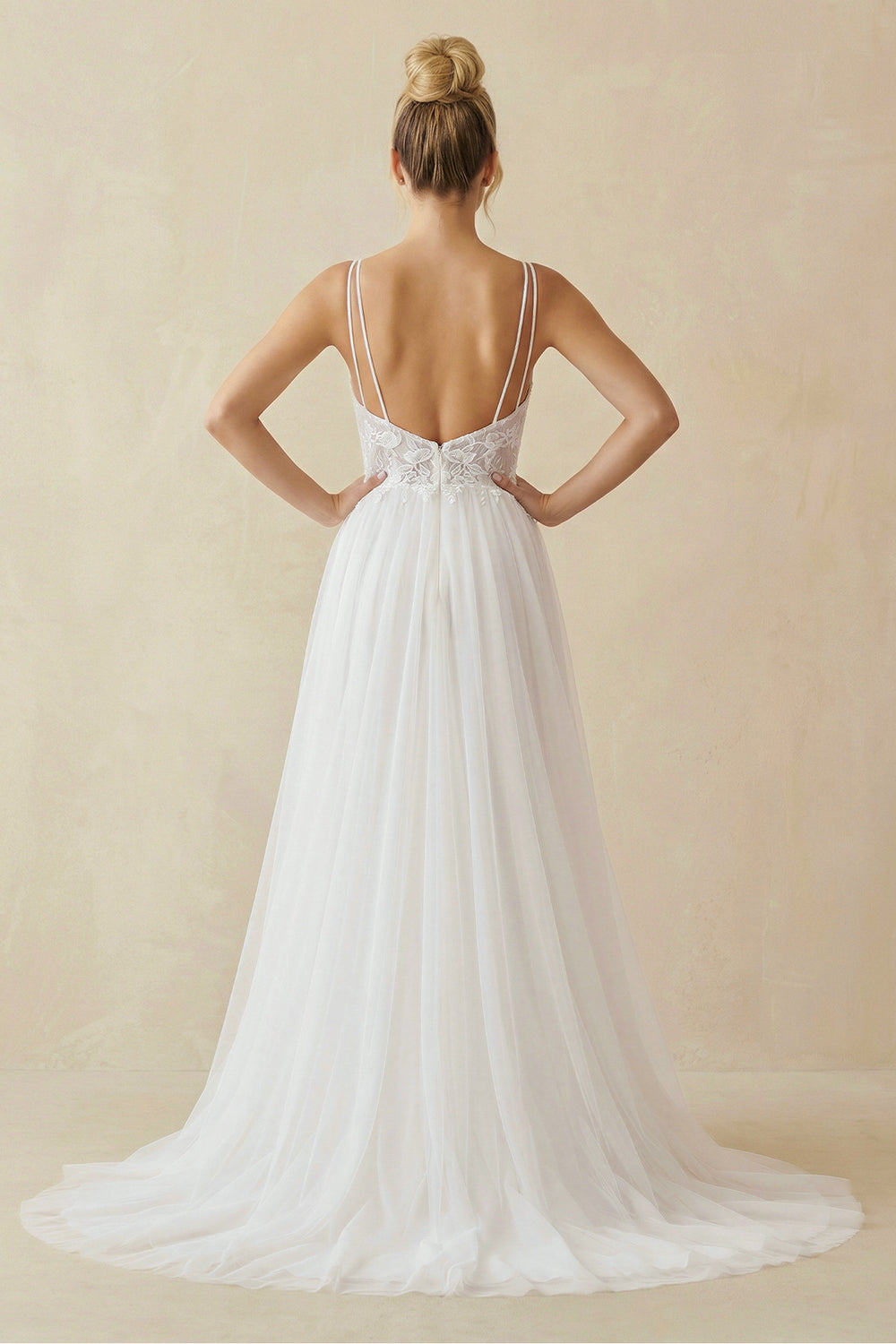 Simple Classic Tulle Applique Wedding Gown Garden A-Line Backless Spaghetti Wedding Dress-Wedding Dresses by KissProm | Available at KissProm