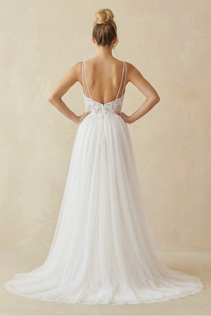 Simple Classic Tulle Applique Wedding Gown Garden A-Line Backless Spaghetti Wedding Dress-Wedding Dresses by KissProm | Available at KissProm