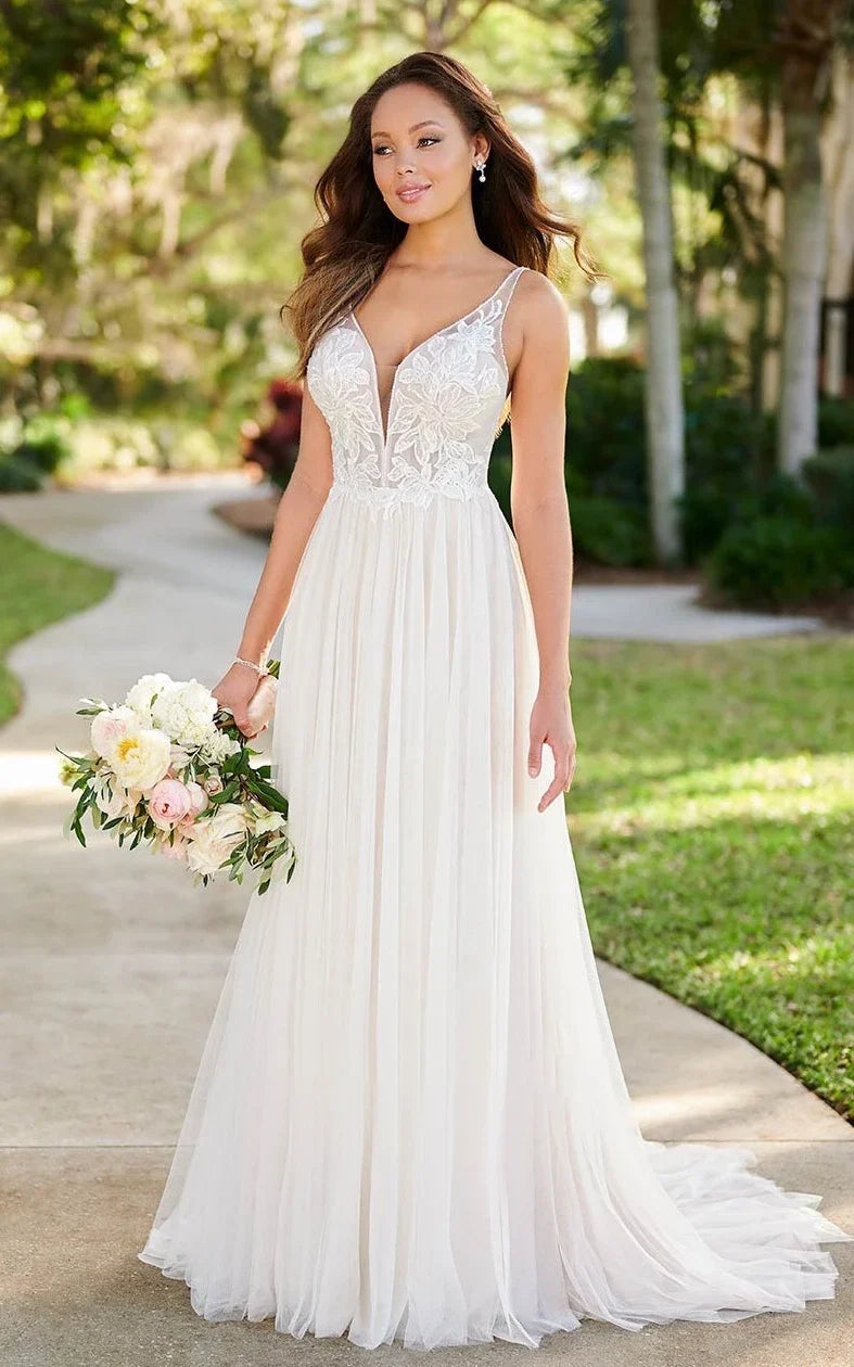 Simple Classic Tulle Applique Wedding Gown Garden A-Line Backless Spaghetti Wedding Dress, Diamond White / 2 Simple Classic Tulle Applique Wedding Gown Garden A-Line Backless Spaghetti Wedding Dress, Diamond White / 2
