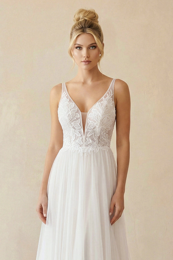 Simple Classic Tulle Applique Wedding Gown Garden A-Line Backless Spaghetti Wedding Dress-Wedding Dresses by KissProm | Available at KissProm