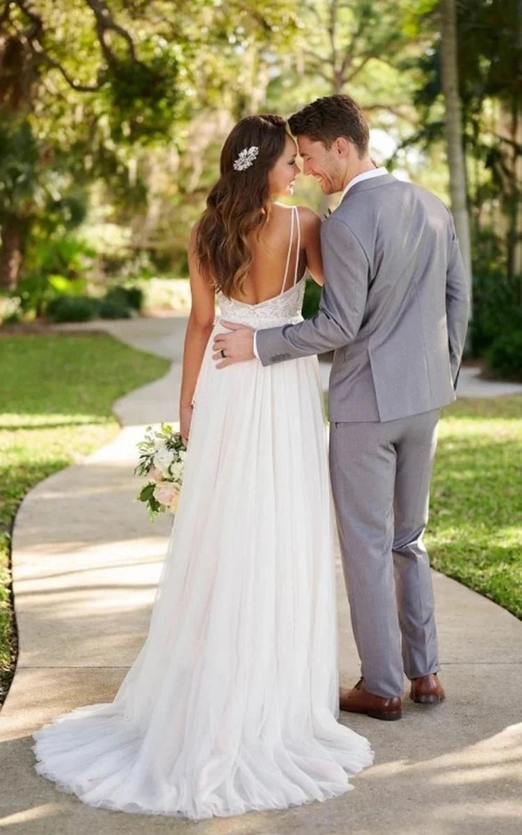 Simple Classic Tulle Applique Wedding Gown Garden A-Line Backless Spag