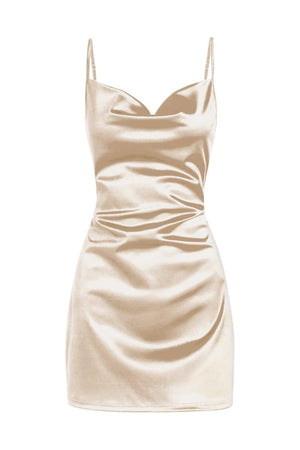 Simple Cowl Neck Champagne Satin Homecoming Dress