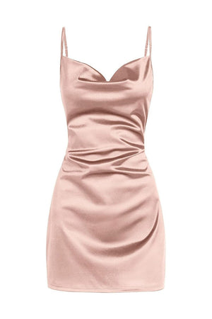 Simple Cowl Neck Champagne Satin Homecoming Dress