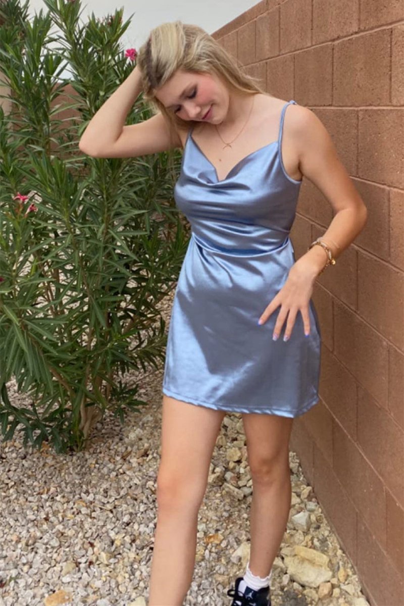 Simple Cowl Neck Champagne Satin Homecoming Dress