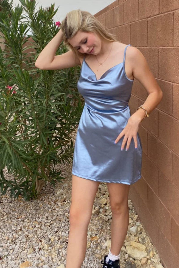 Simple Cowl Neck Champagne Satin Homecoming Dress