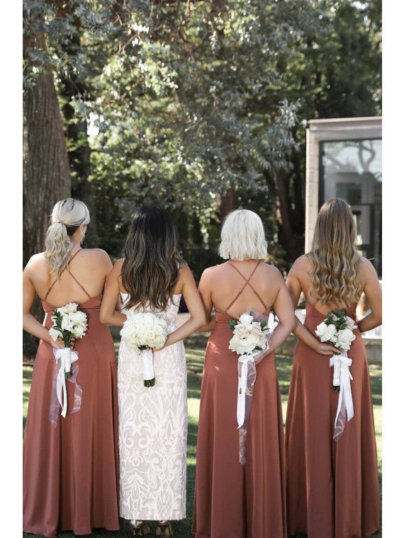 Simple Criss - Cross Straps Back Dusty Rose Bridesmaid Dress - KissProm