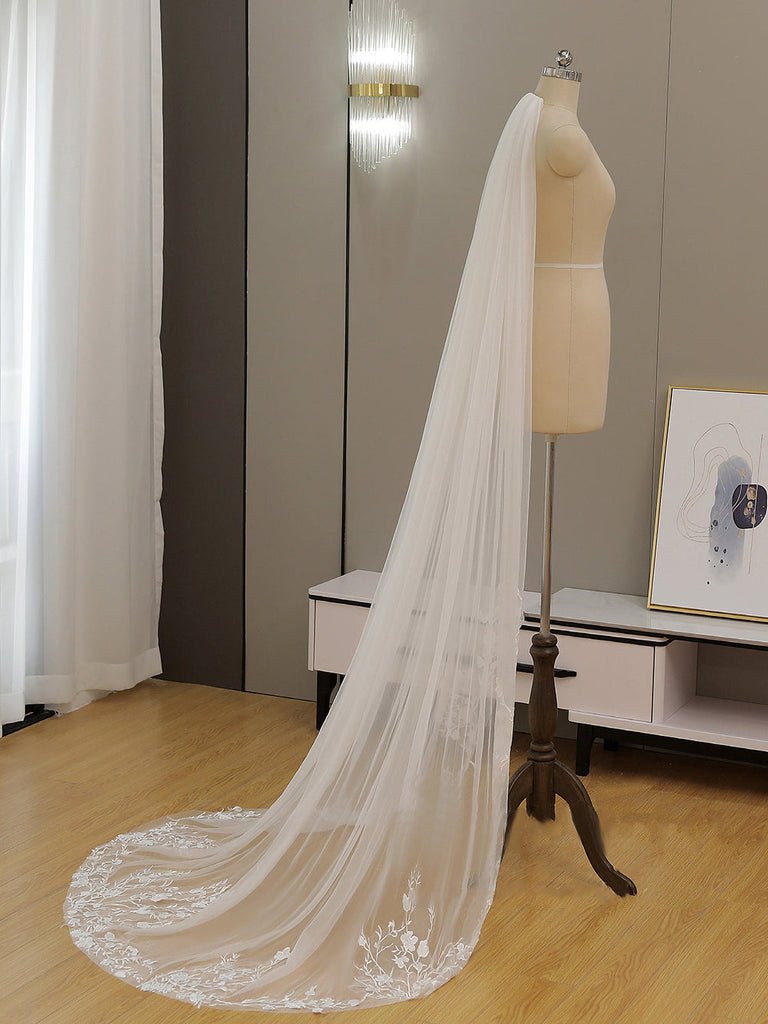 Simple Floral Lace Chapel Train Veil Bridal Veil Wedding Veil - KissProm