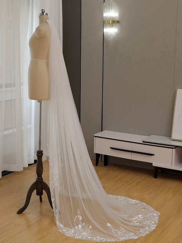 Simple Floral Lace Chapel Train Veil Bridal Veil Wedding Veil - KissProm