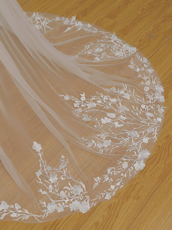 Simple Floral Lace Chapel Train Veil Bridal Veil Wedding Veil - KissProm