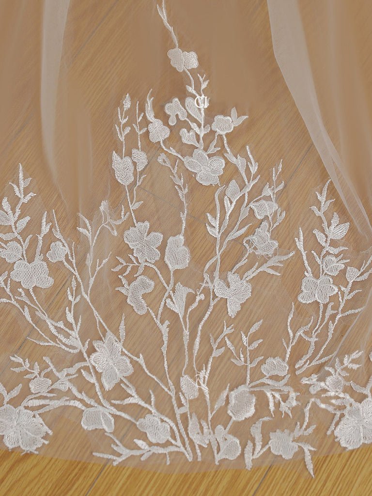 Simple Floral Lace Chapel Train Veil Bridal Veil Wedding Veil - KissProm