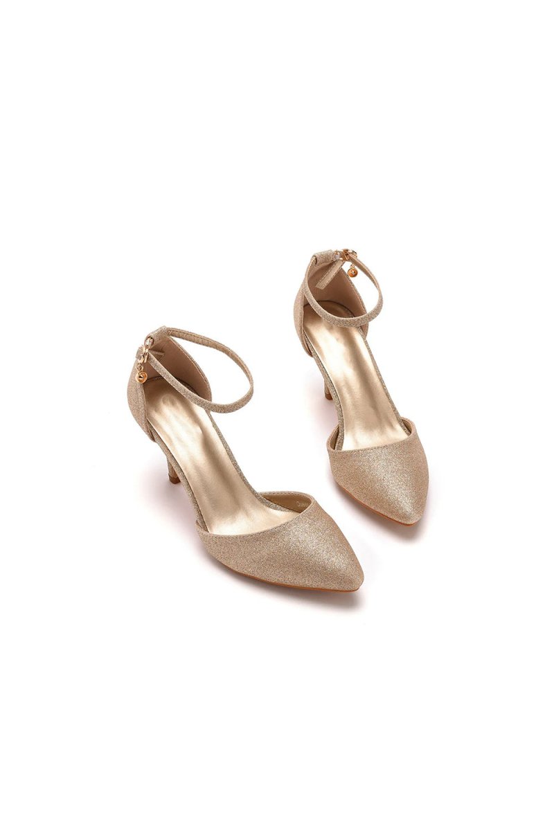 Simple Glitter Pointed Toe Stiletto Ankle - strap High Heels - KissProm