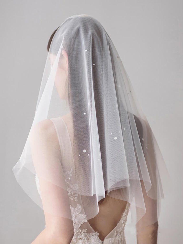 Simple Ivory Tulle Wedding Veil Waist Length with Pearls