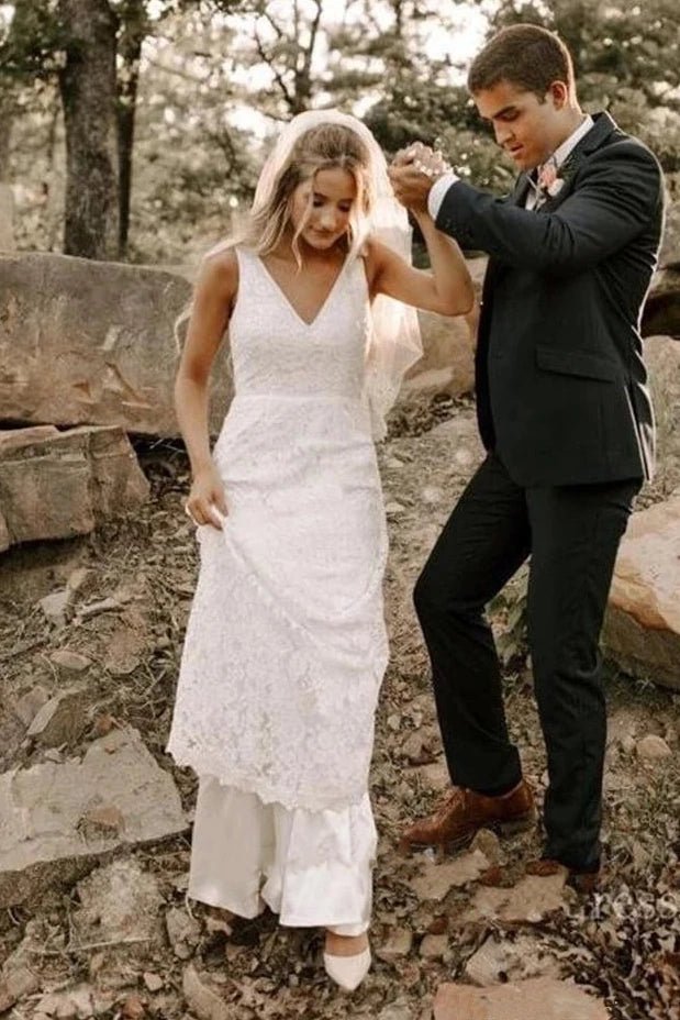 Simple Lace Sleeveless Deep-V Back Bridal Gown with Sweep Train