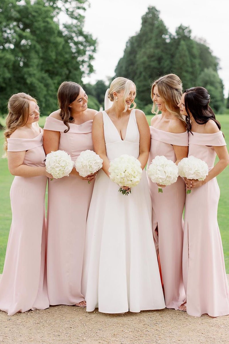 Simple Mermaid Off The Shoulder Light Pink Long Bridesmaid Dresses Pink / Custom Size