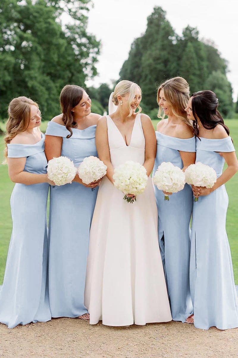 Simple Mermaid Off the Shoulder Light Pink Long Bridesmaid Dresses Sky Blue / 18 Simple Mermaid Off the Shoulder Light Pink Long Bridesmaid Dresses Sky Blue / 18