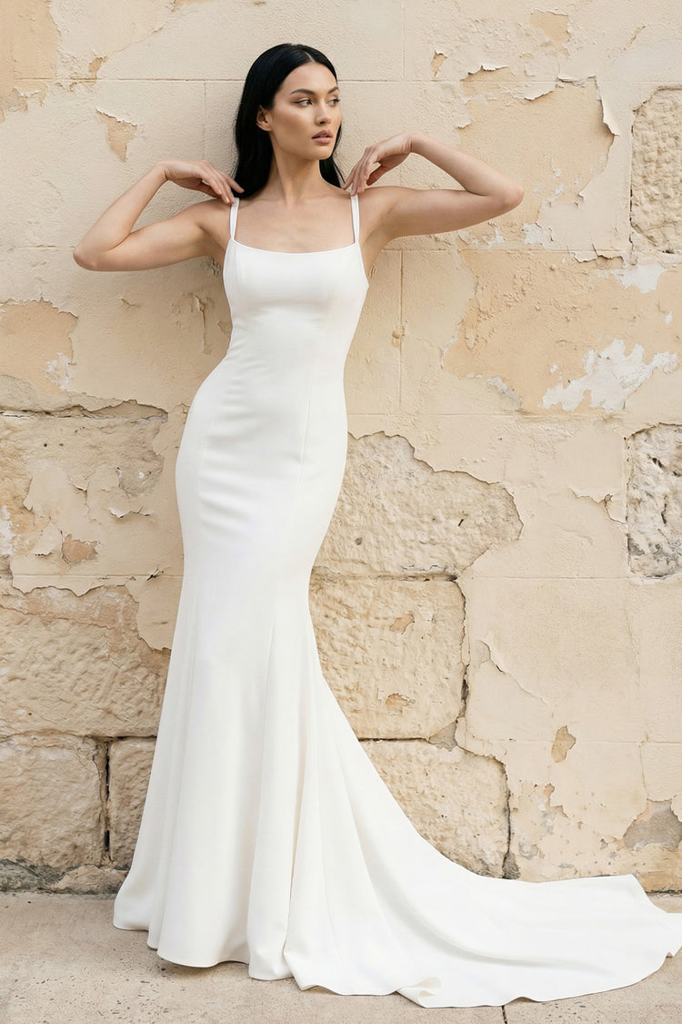 KissProm Simple Mermaid Scoop Neck Backless Satin Wedding Dresses, Diamond White / 6
