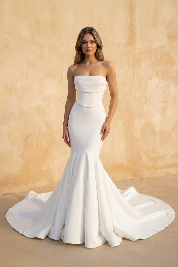 simple white strapless dress KissProm Mermaid Satin Wedding Dresses, Diamond / 18 Black and Orange Wedding Sizes:L (UK Size 12) With a pleated sweetheart boutique gown