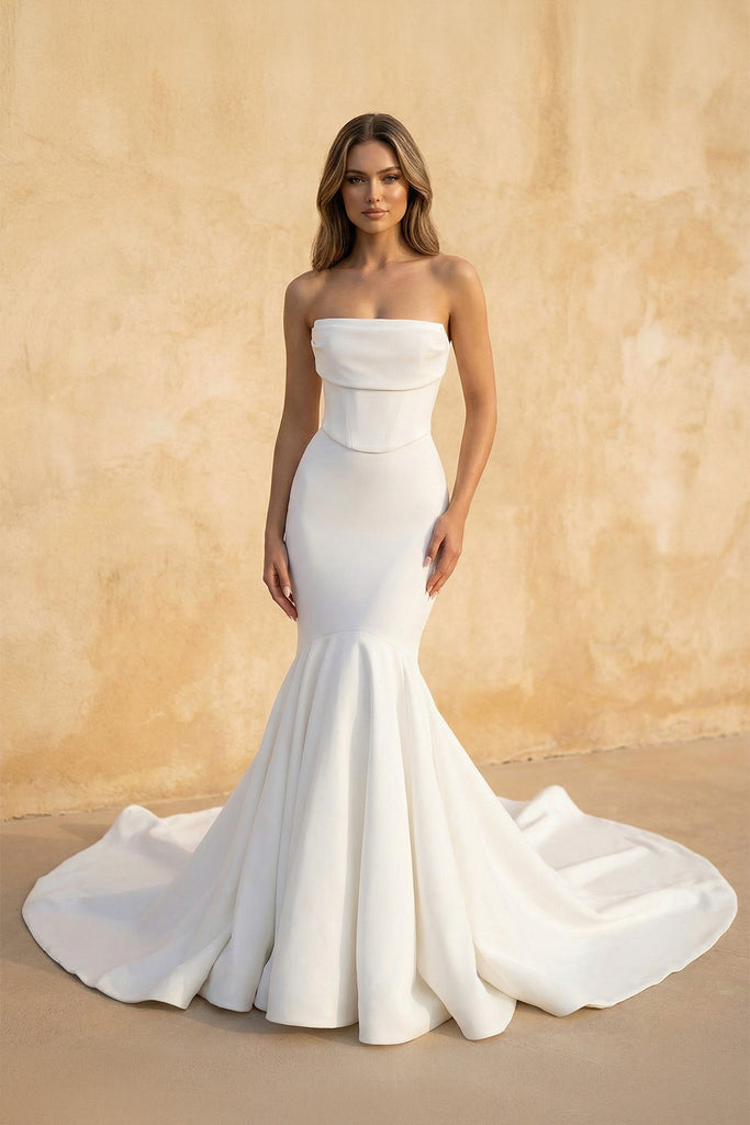plunge mermaid satin wedding dress Satin Mermaid Wedding Dress with Plunging Neckline and Bow  MN114   Viniodress