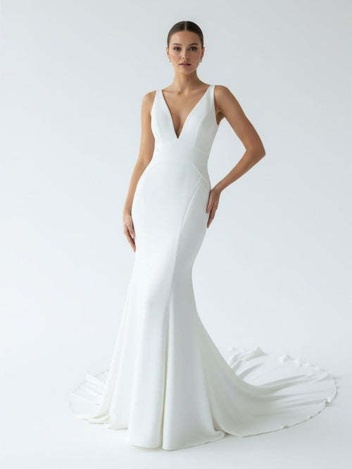Simple Mermaid V Neck Satin White Wedding Dresses, Diamond White / 2