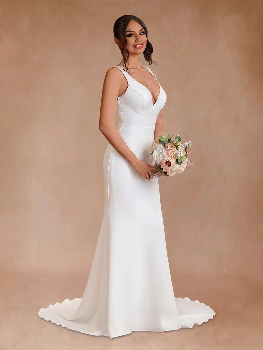 Simple Mermaid V Neck Satin White Wedding Dresses, Diamond White / 2 Simple Mermaid V Neck Satin White Wedding Dresses, Diamond White / 2