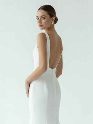 Simple Mermaid V Neck Satin White Wedding Dresses - KissProm