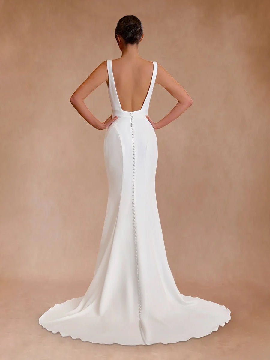 Simple Mermaid V Neck Satin White Wedding Dresses, Diamond White / 2