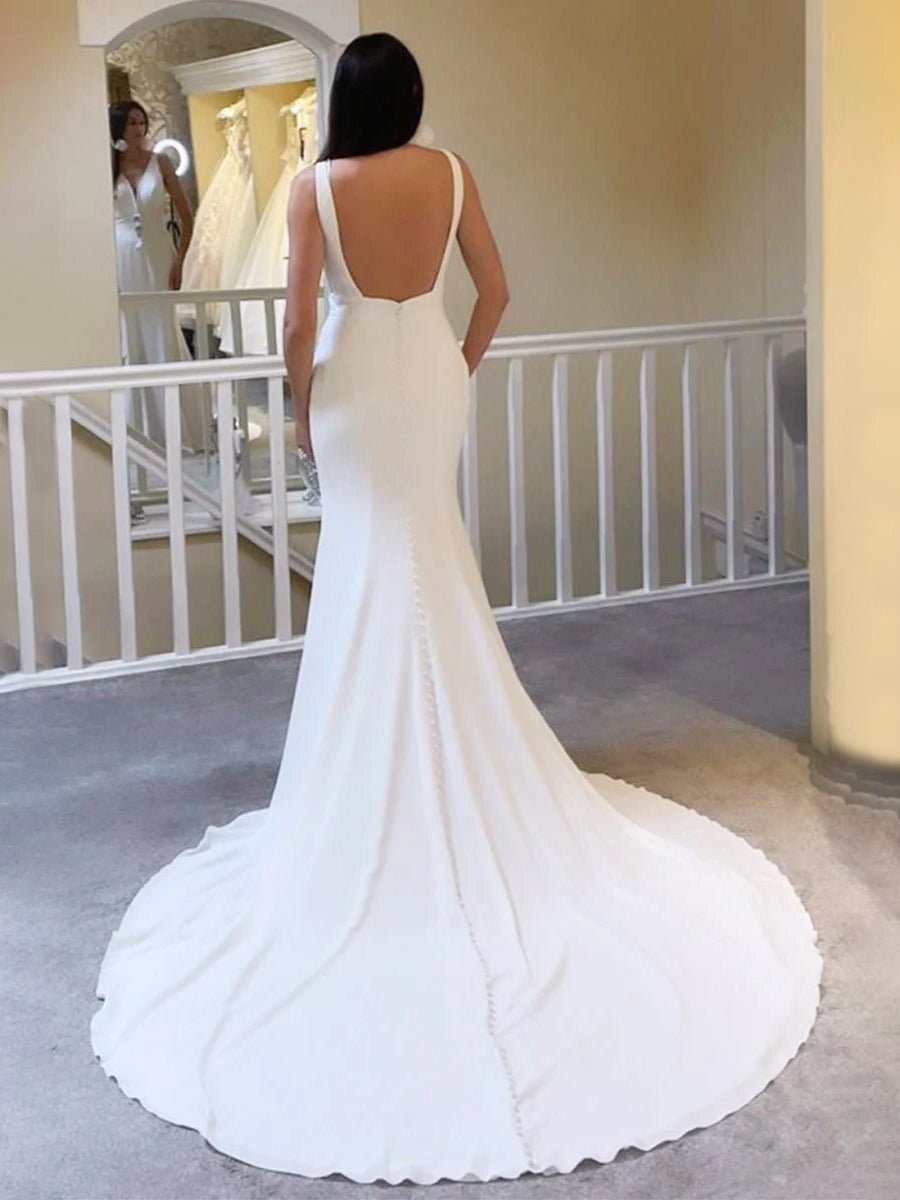 Ivory Plunge V Open Back Mermaid Long Wedding Dress - KissProm
