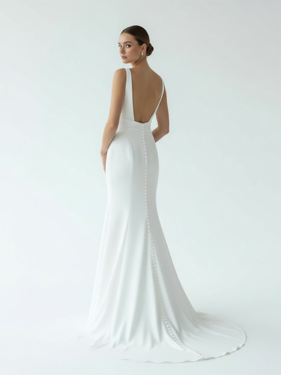 Simple Mermaid V Neck Satin White Wedding Dresses - KissProm