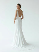 Simple Mermaid V Neck Satin White Wedding Dresses - KissProm