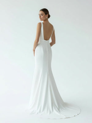Simple Mermaid V Neck Satin White Wedding Dresses - KissProm