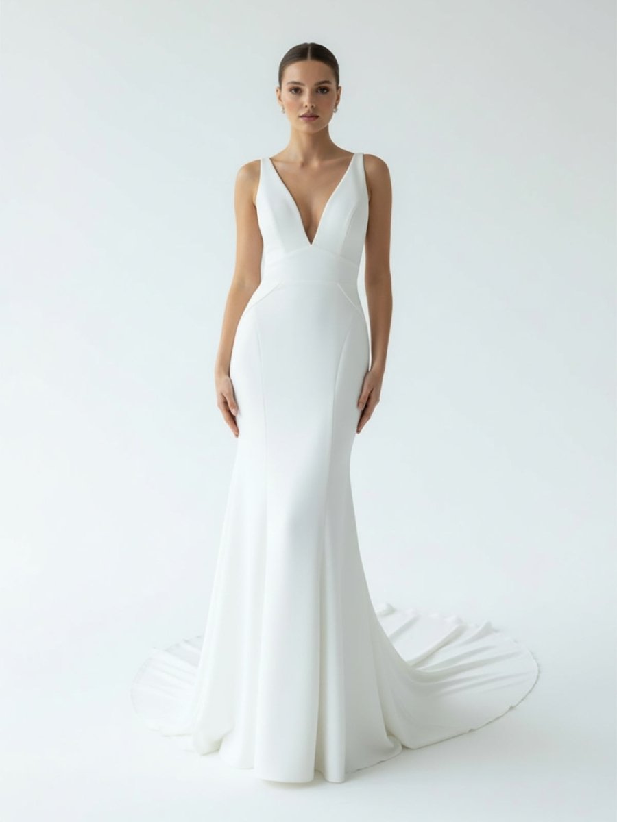 Simple Mermaid V Neck Satin White Wedding Dresses, Diamond White / 2