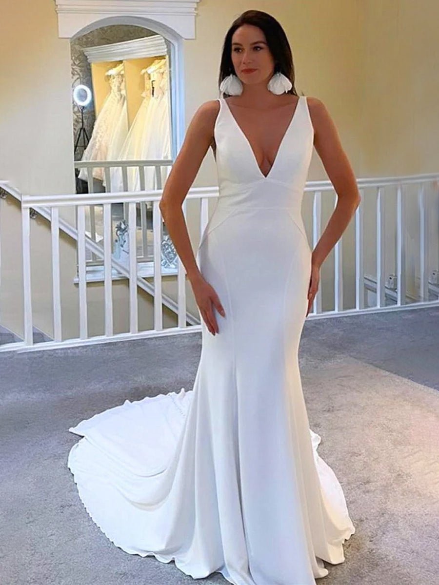 Ivory Plunge V Open Back Mermaid Long Wedding Dress - KissProm