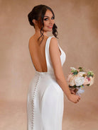 Simple Mermaid V Neck Satin White Wedding Dresses - KissProm