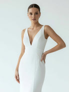 Simple Mermaid V Neck Satin White Wedding Dresses - KissProm