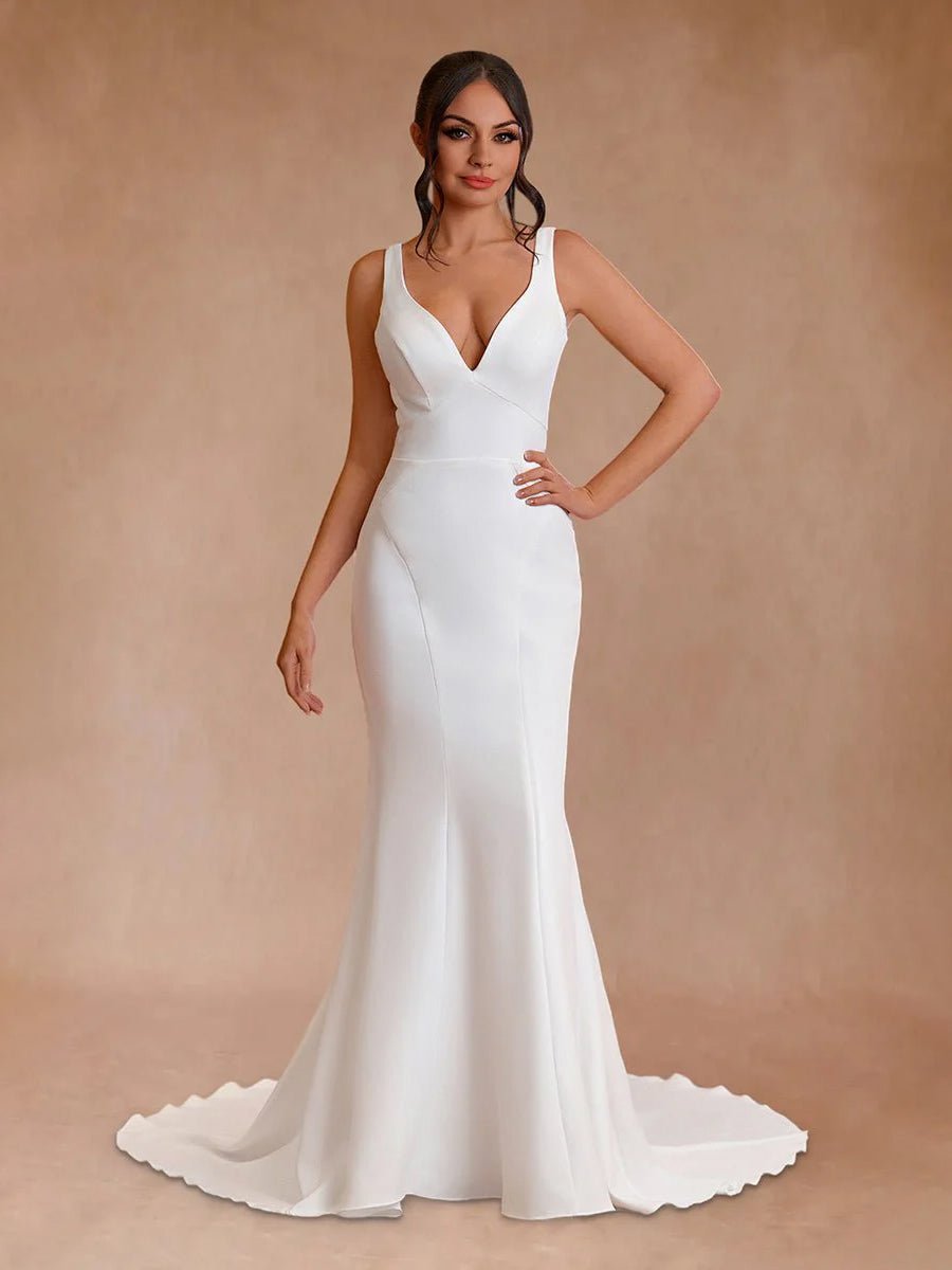 Ivory Plunge V Open Back Mermaid Long Wedding Dress - KissProm
