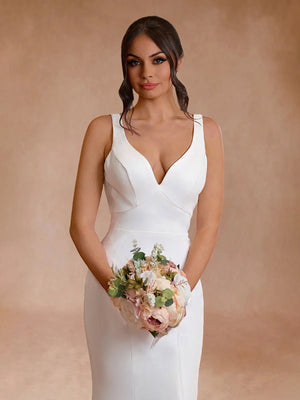Simple Mermaid V Neck Satin White Wedding Dresses - KissProm