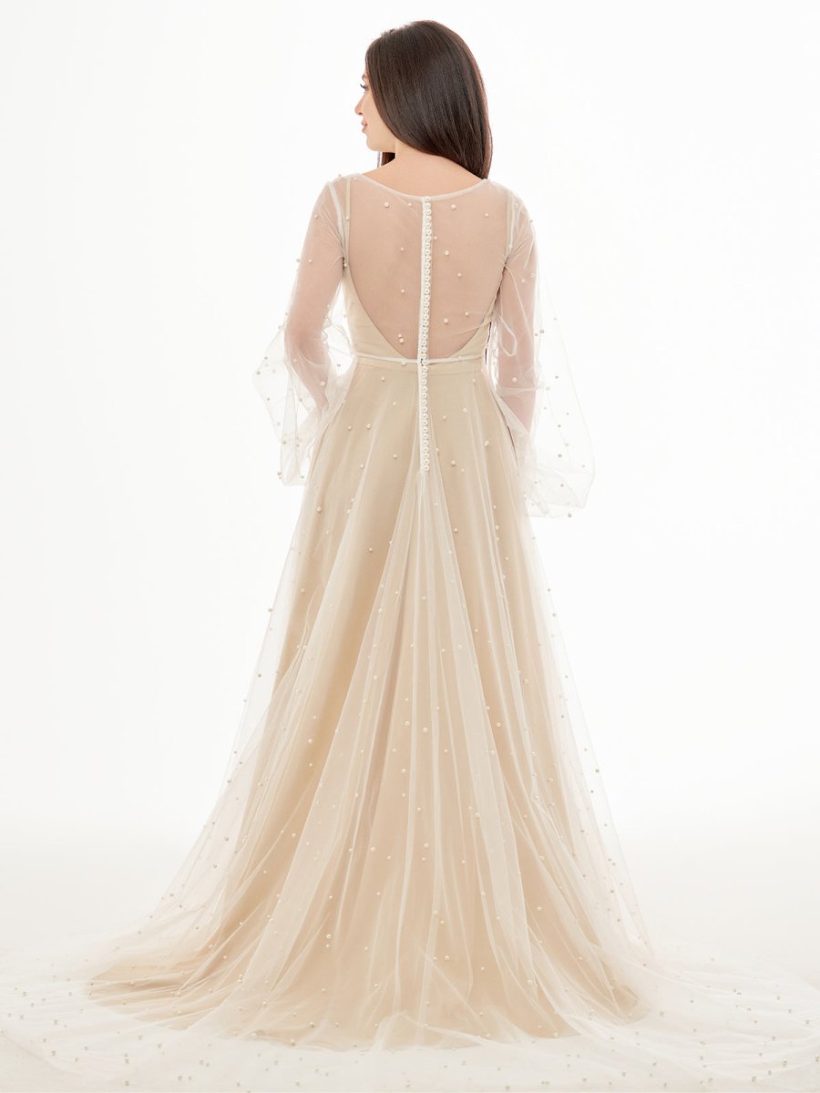 Franceska | Simple Modest A-Line Long Sleeve Tulle Elopement Illusion Wedding Dress with Pearl