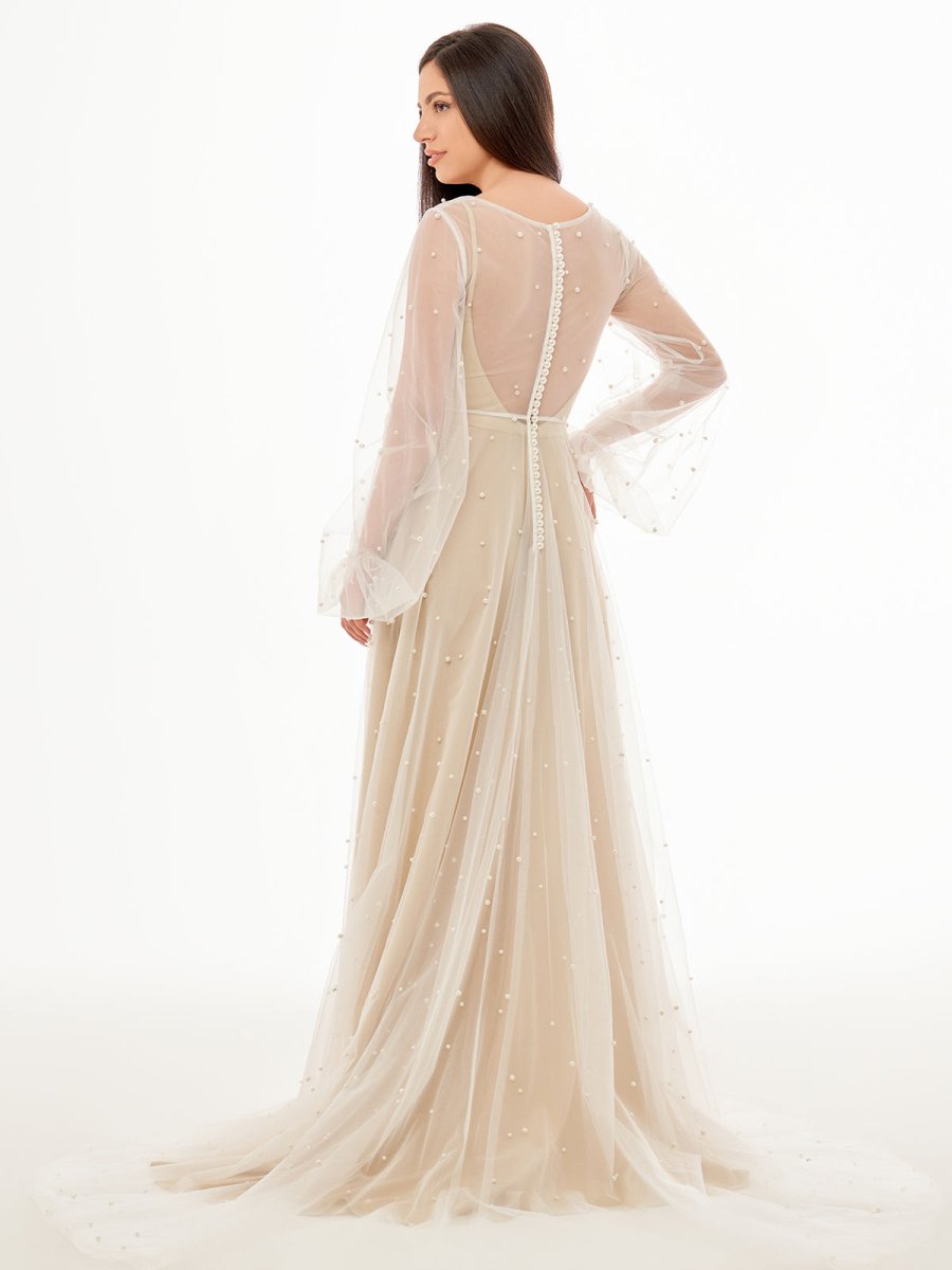 Franceska | Simple Modest A-Line Long Sleeve Tulle Elopement Illusion Wedding Dress with Pearl