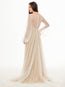 Simple Modest A-Line Long Sleeve Tulle Elopement Illusion Wedding Dress with Pearl