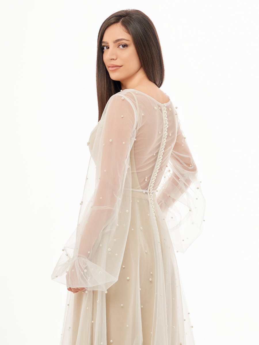 Franceska | Simple Modest A-Line Long Sleeve Tulle Elopement Illusion Wedding Dress with Pearl