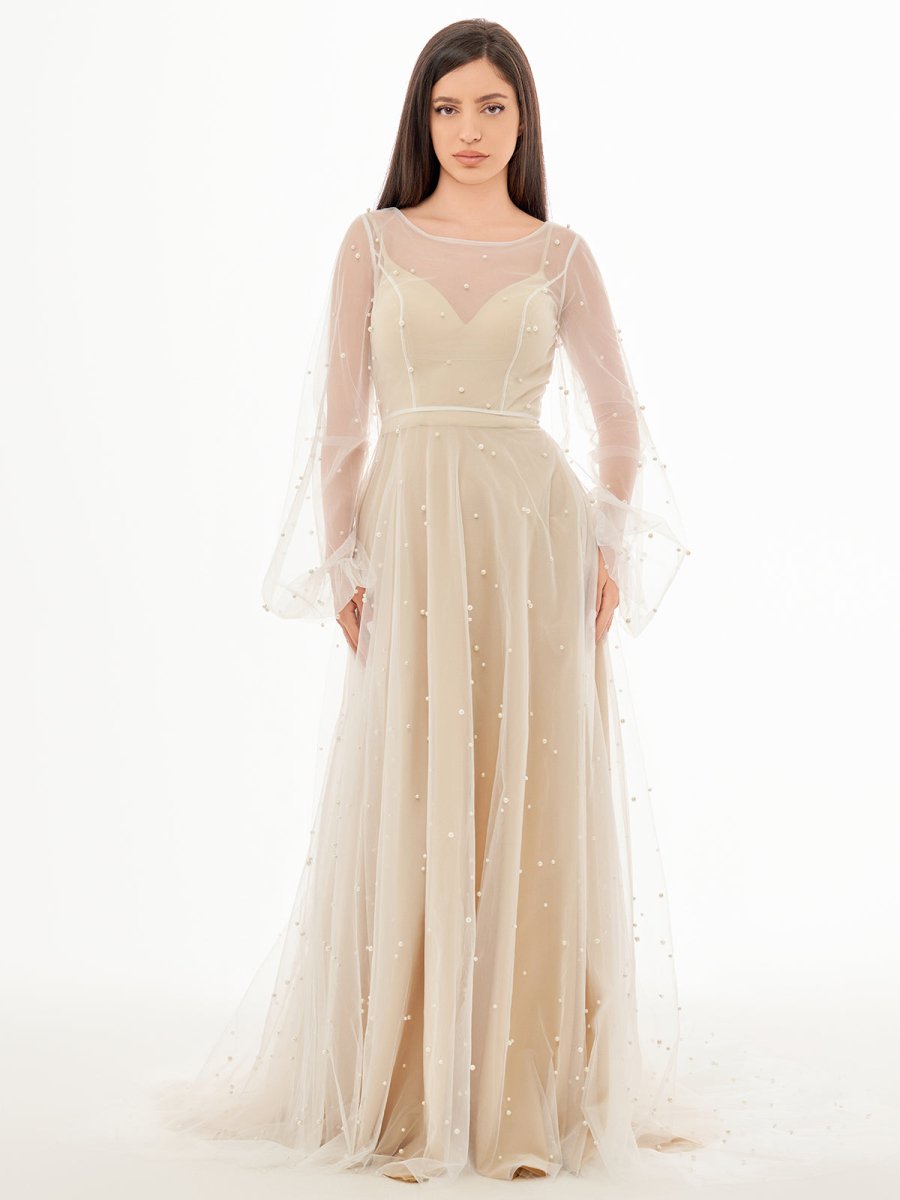 Franceska | Simple Modest A-Line Long Sleeve Tulle Elopement Illusion Wedding Dress with Pearl