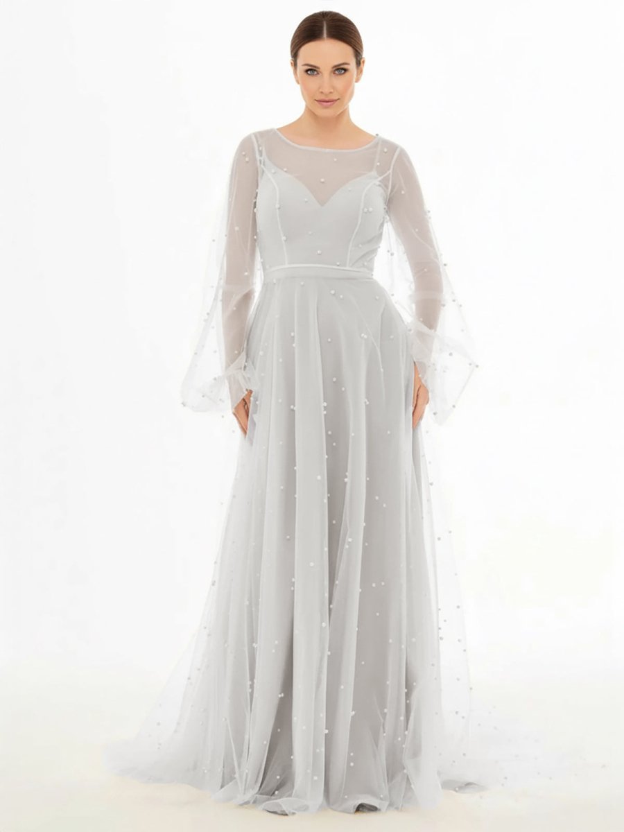 Franceska | Simple Modest A - Line Long Sleeve Tulle Elopement Illusion Wedding Dress with Pearl - KissProm